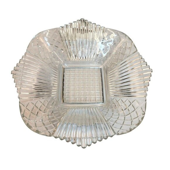 Vintage Clear Pressed Glass Square Serving Bowl With Ribbed & Diamond Pattern Sc - Picture 5 of 7